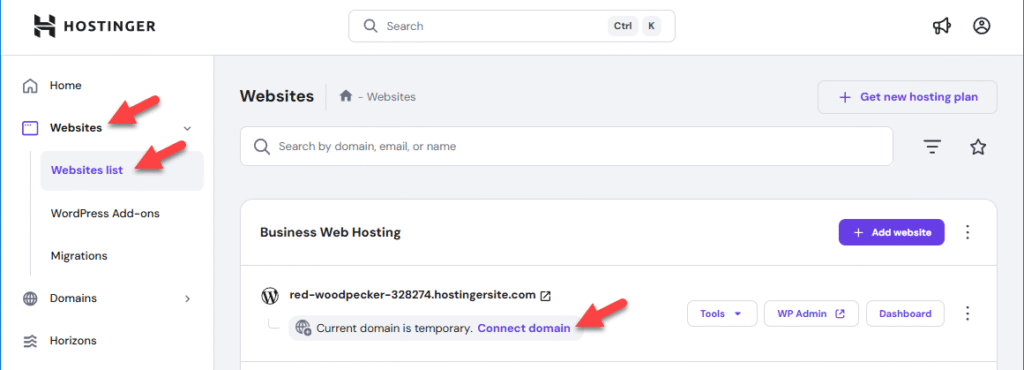Hostinger domain search results showing example domain notawoodpecker.com available for registration at $2.99 for the first year.