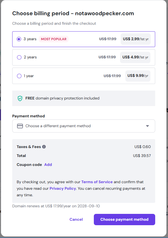 Hostinger domain checkout screen showing billing period options and free privacy protection included.