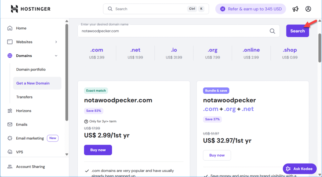 Hostinger domain search results showing example domain notawoodpecker.com available for registration at $2.99 for the first year.