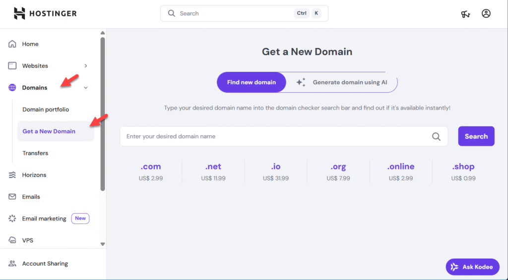 Hostinger hPanel showing the Domains menu and Get a New Domain option with search bar to register a custom domain